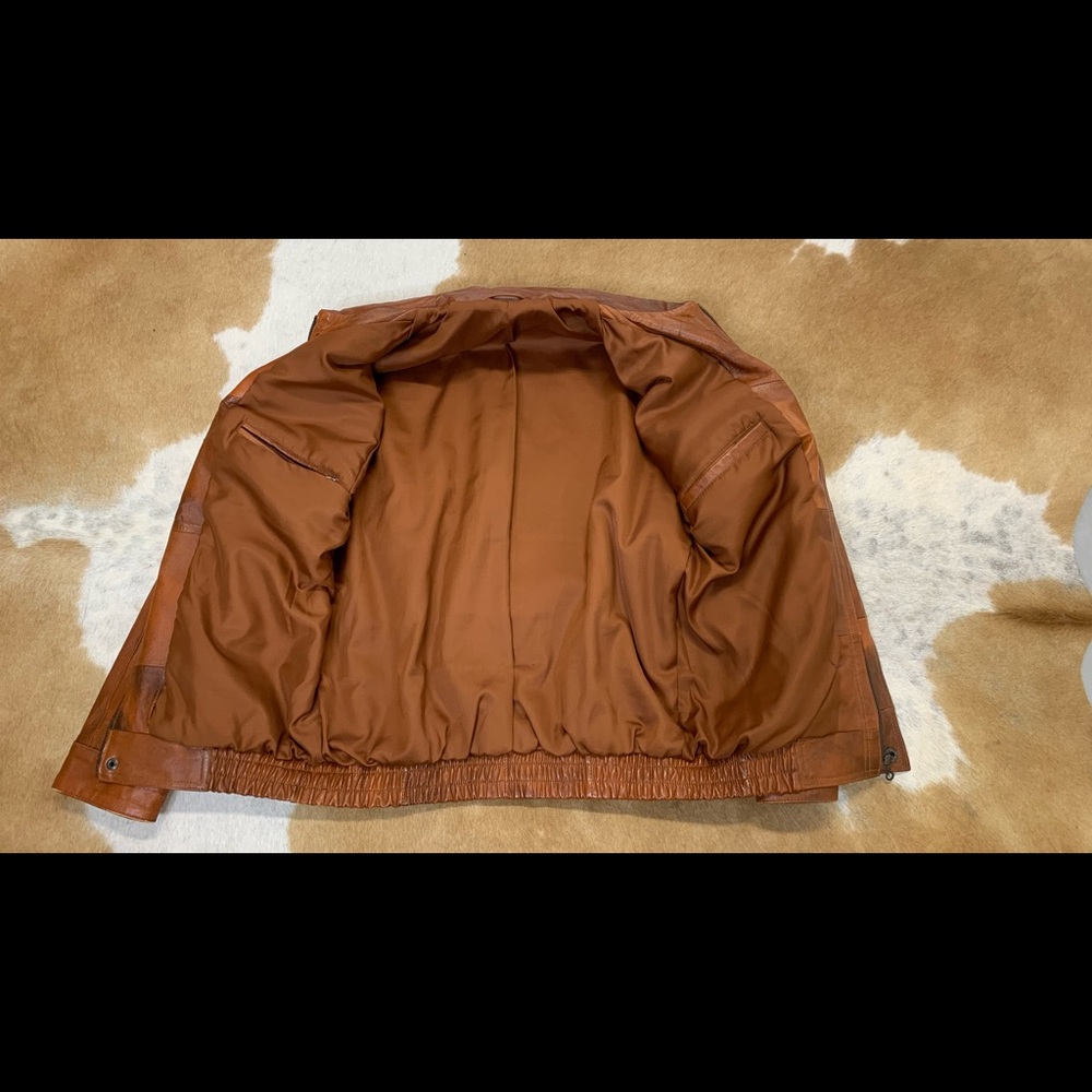 Vintage leather jacket Oklahoma snap button zip up camel brown men or women